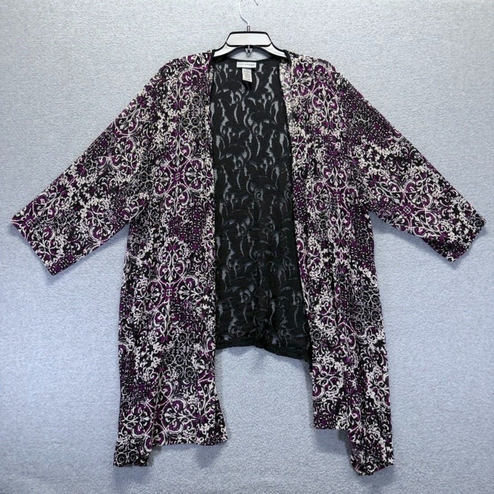 Catherines Kimono Womens 3X Black‎ Open Front Duster 3/4 Sleeve Modern